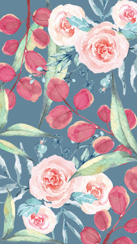 blue background, pink flowers