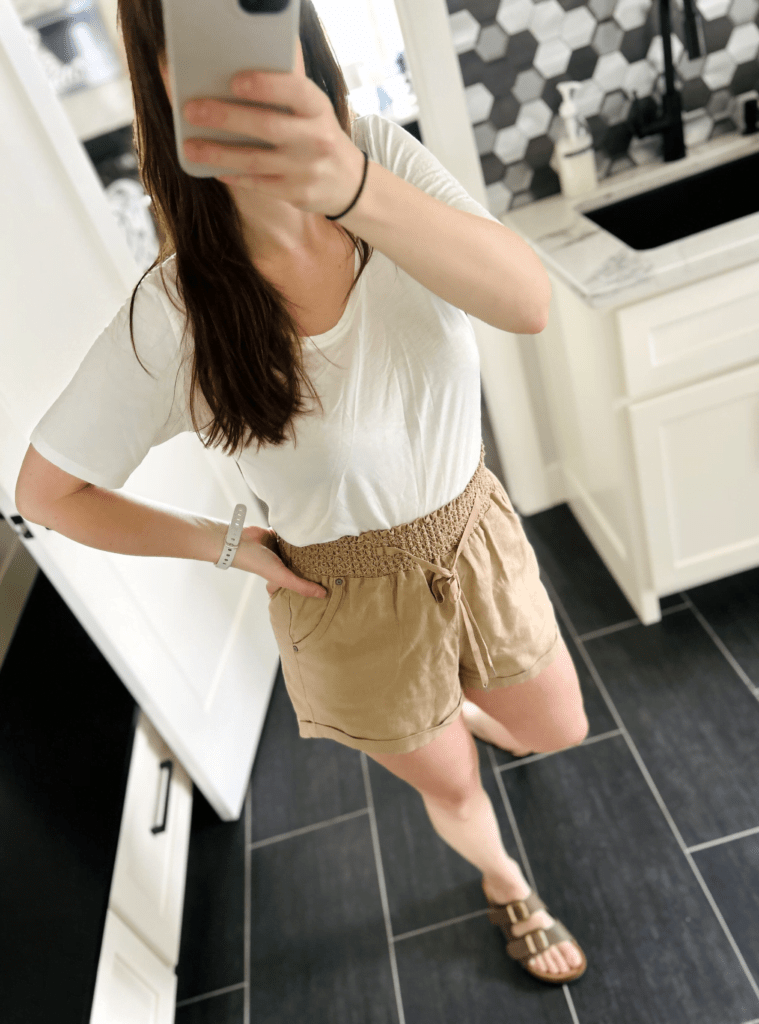 beige shorts, cotton white tshirt