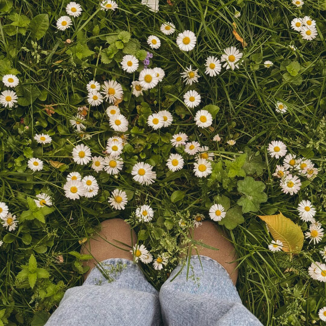 feet standing in yellow flowers and green grass -20 Positive Mindset Affirmations for Mental Strength