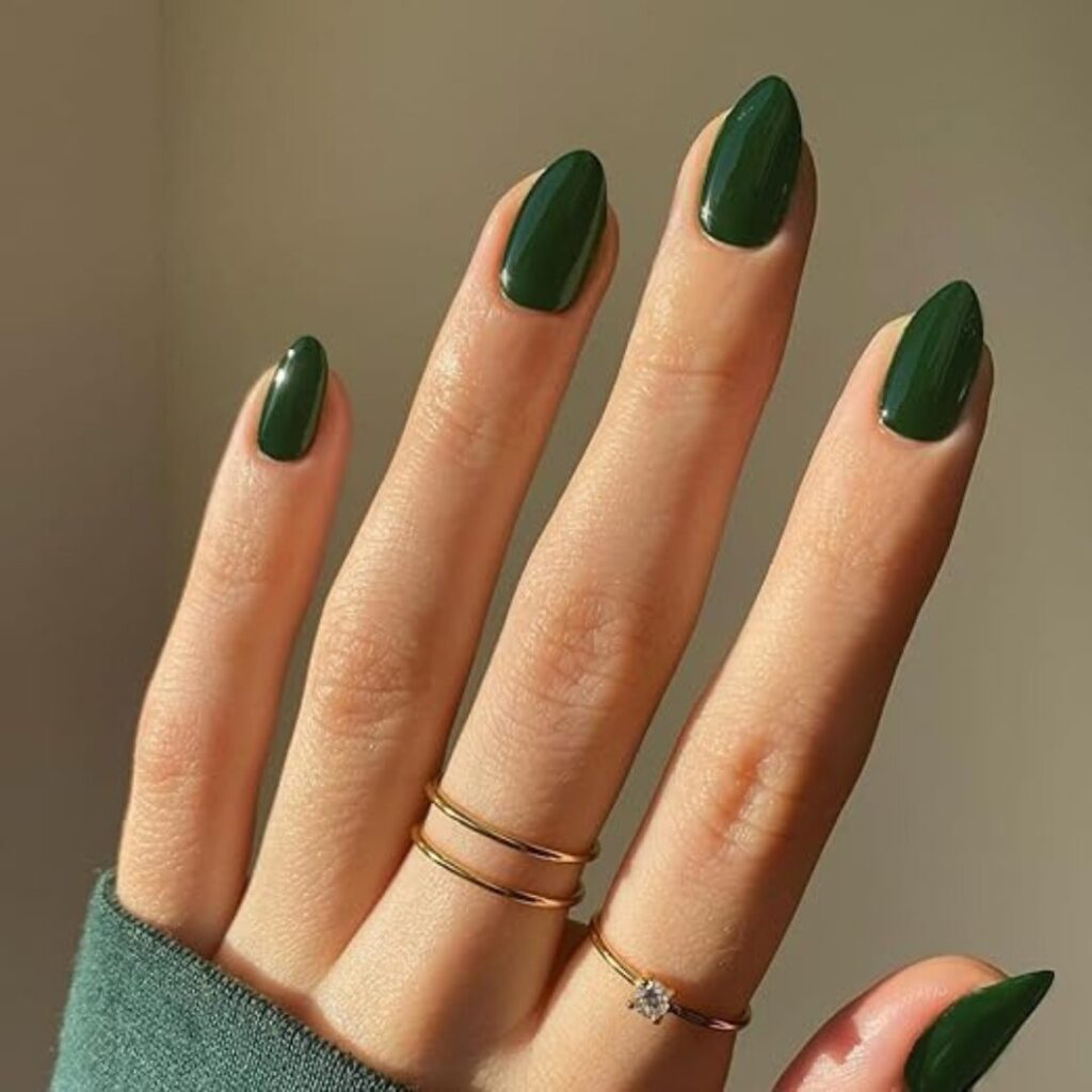 glossy dark green nails -50 Best Green Nail Ideas for Fall 2024