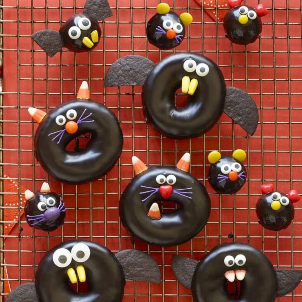 Black Cat, Bat, Spider, and Mice Doughnuts -30+ Spooky Halloween Treats Your Kids Will Love