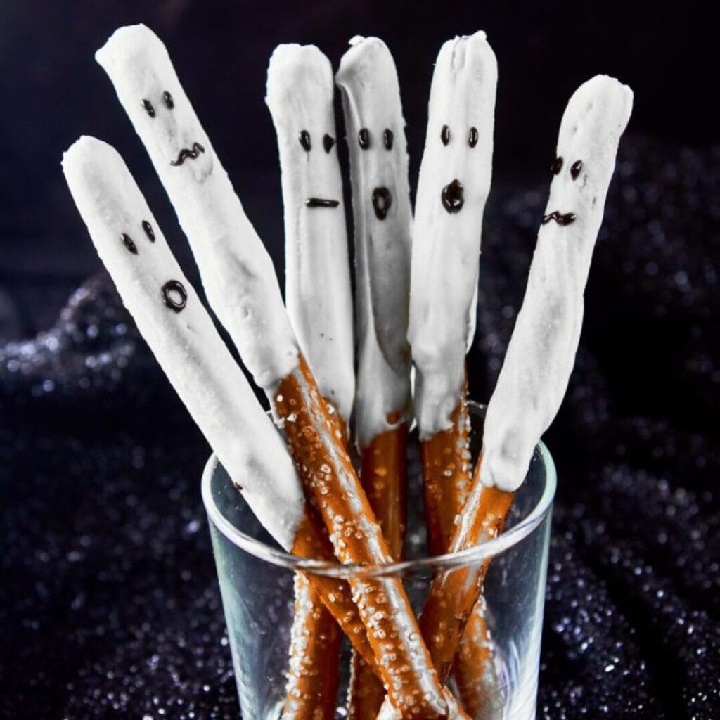 Ghost Pretzel Rods -30+ Spooky Halloween Treats Your Kids Will Love